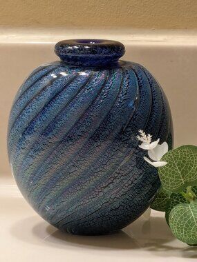 Robert Eickholt Blue Swirled Dichroic Bottle Bud Vase Signed 1989 4.5" X 3.5"